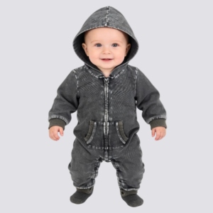 SENMAN REALM KIDS Baby Black Mineral Wash Hooded Fleece Romper (0/3M–6/9M) view 1