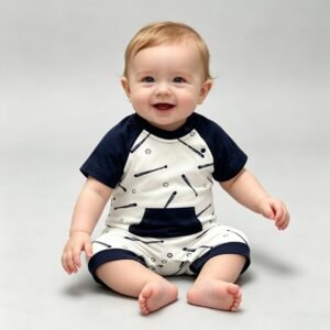 SENMAN REALM KIDS Baby Boys White & Navy Baseball Raglan Romper (0/3M–24M) view 1