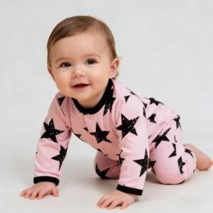 SENMAN REALM KIDS Baby Girls Pink & Black Star Knit Romper (0/3M–12M) view 1