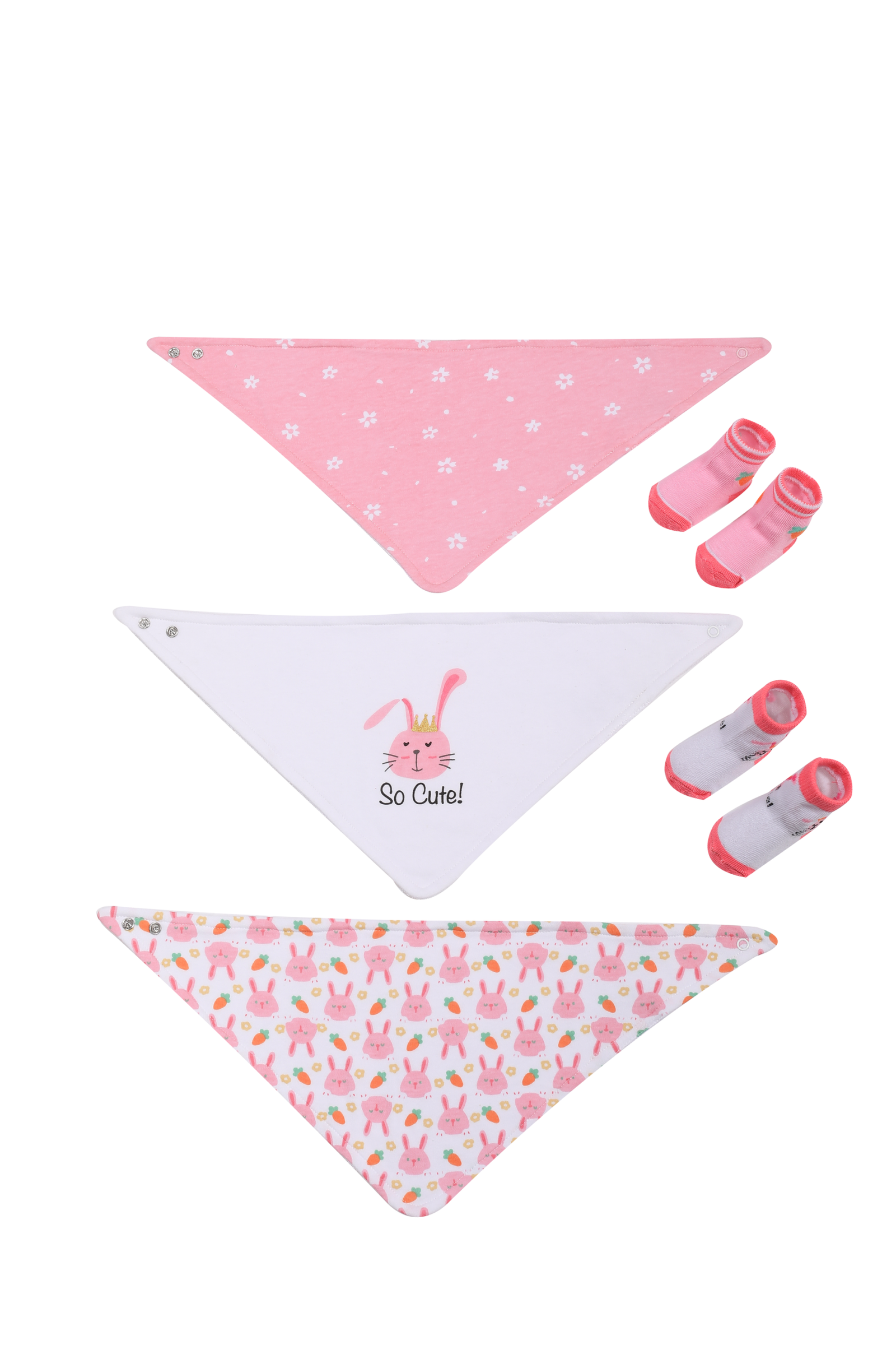 SENMAN REALM KIDS Baby Girls Pink Bunny 3-Pack Bandana Bib & 2-Pack Socks Set — So Cute view 1