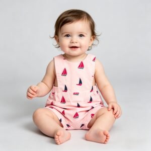SENMAN REALM KIDS Baby Girls Pink Sailboat Overall Romper (0/3M–24M) view 1