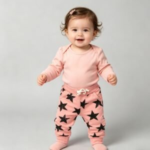 SENMAN REALM KIDS Baby Girls Pink Star Print Pocket Joggers (3/6M–24M) view 1