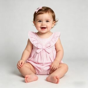 SENMAN REALM KIDS Baby Girls Pink Striped Ruffle Outfit Set (0/3M–18M) view 1