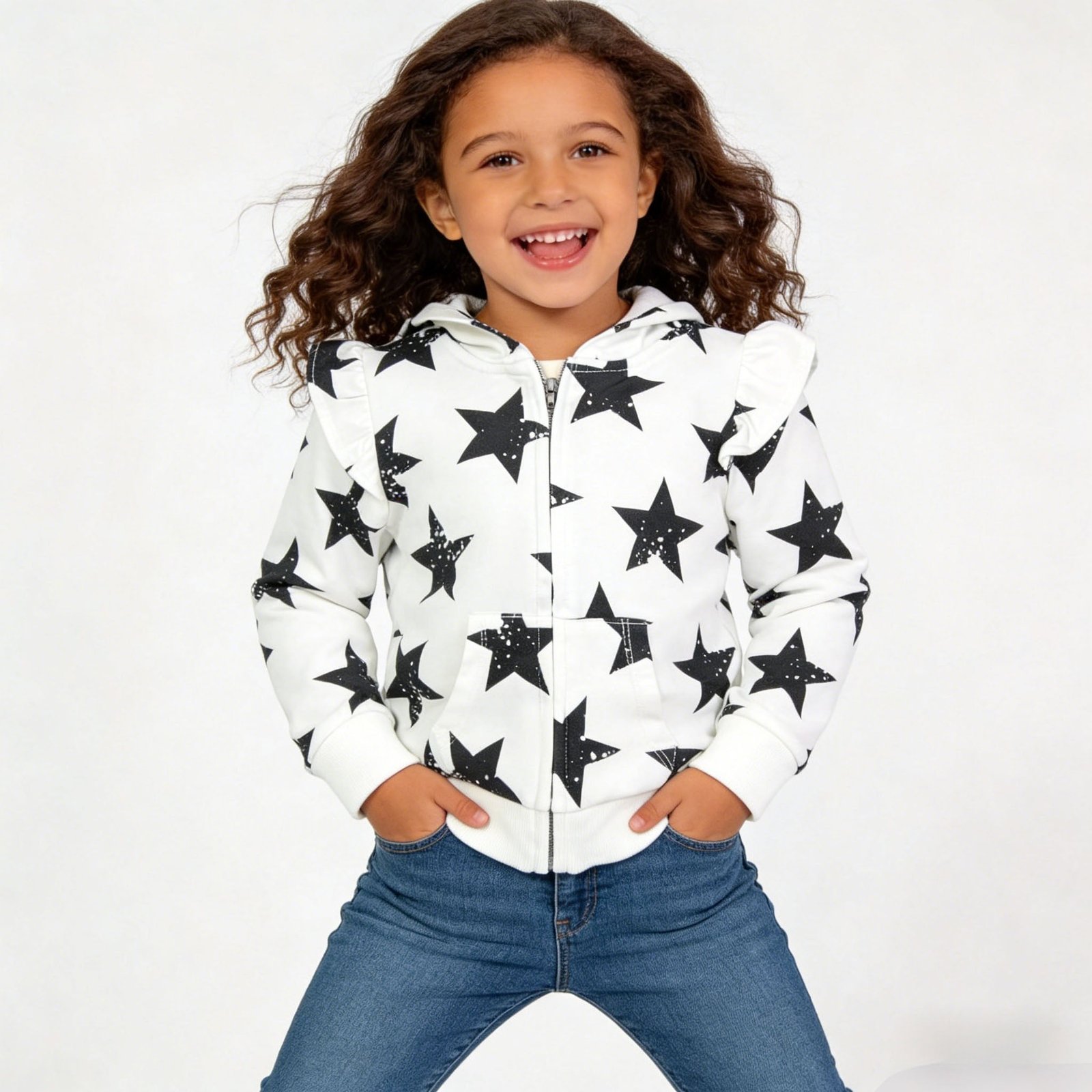 SENMAN REALM KIDS Baby Girls White Star Ruffle Fleece Zip Hoodie (3/6M–24M) view 2