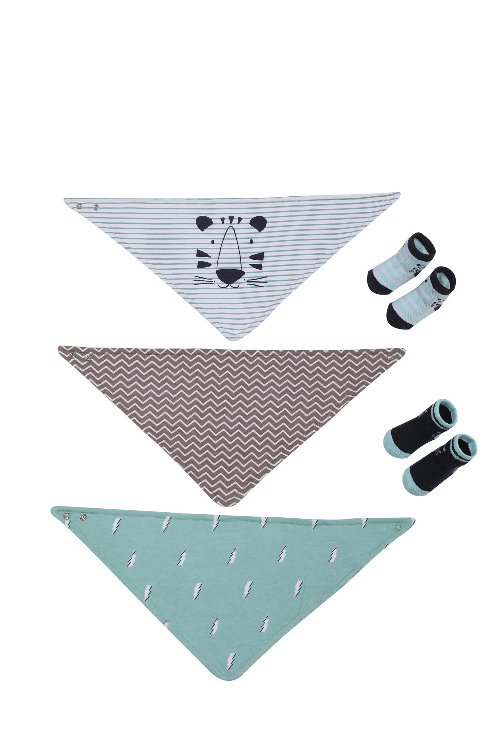 SENMAN REALM KIDS Baby Mint Tiger 3-Pack Bandana Bib & 2-Pack Socks Set view 1