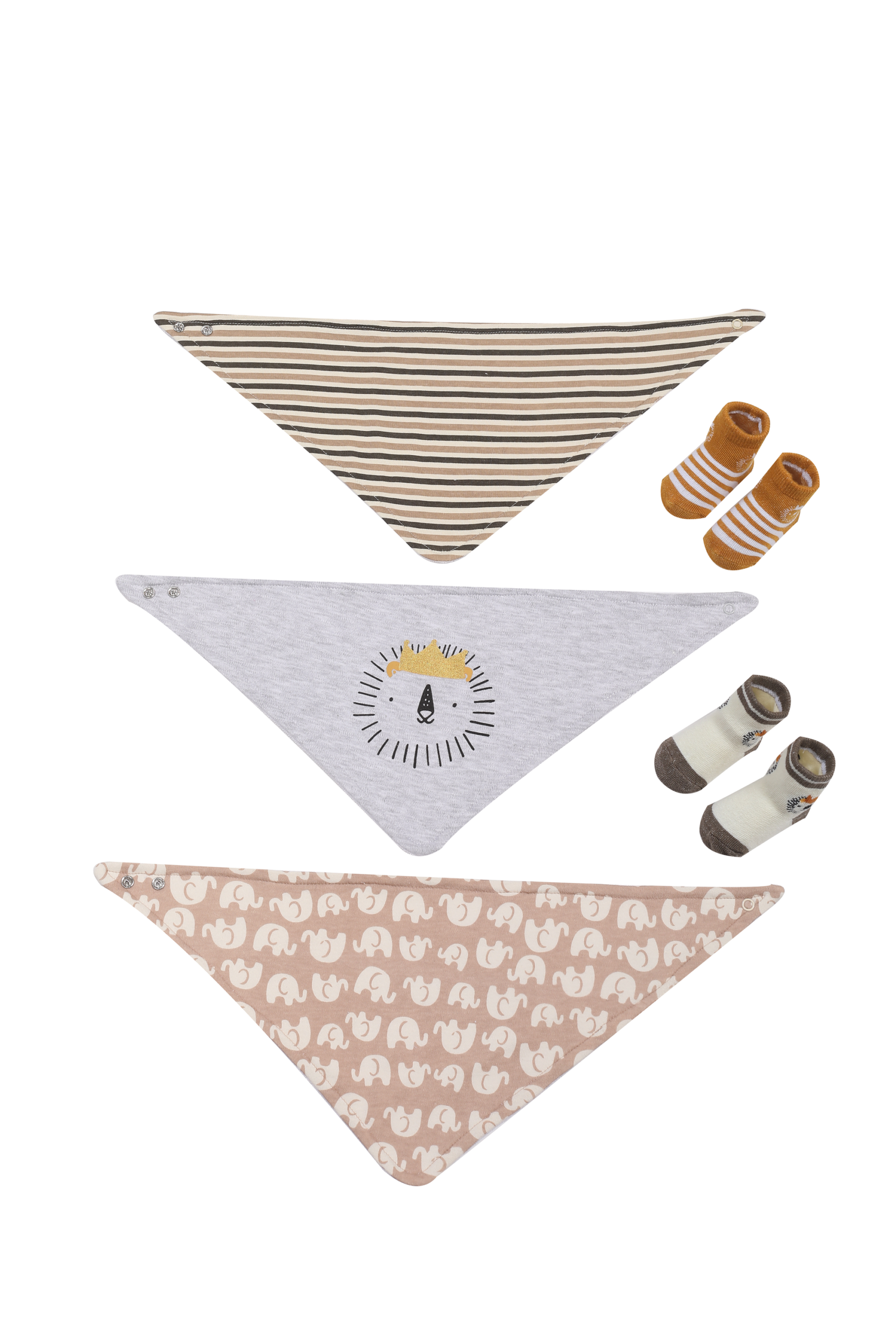 SENMAN REALM KIDS Baby Tan Lion 3-Pack Bandana Bib & 2-Pack Socks Set view 1