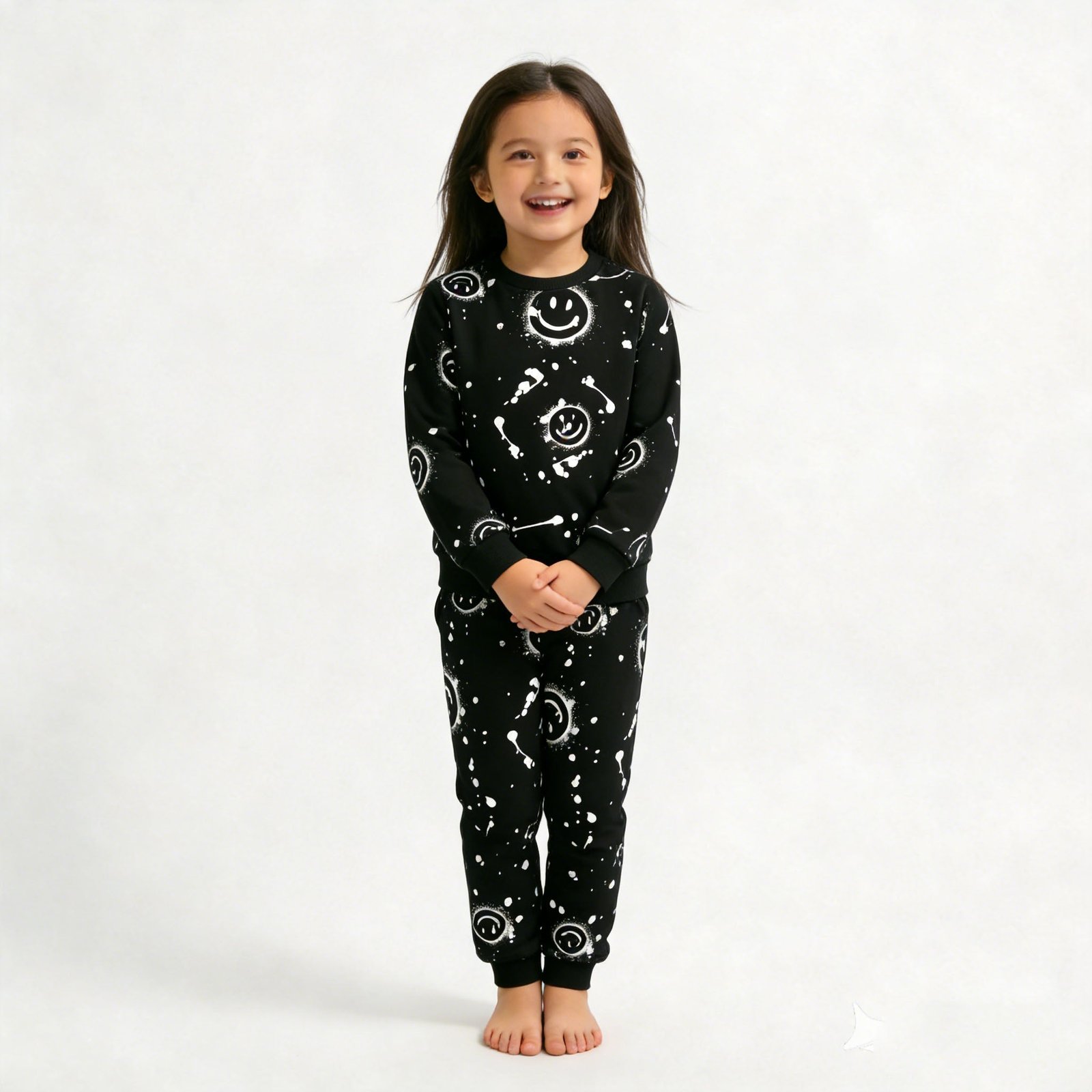 SENMAN REALM KIDS Girls Black All-Over Smiley Sweatshirt & Jogger Set (2T–6X) view 1