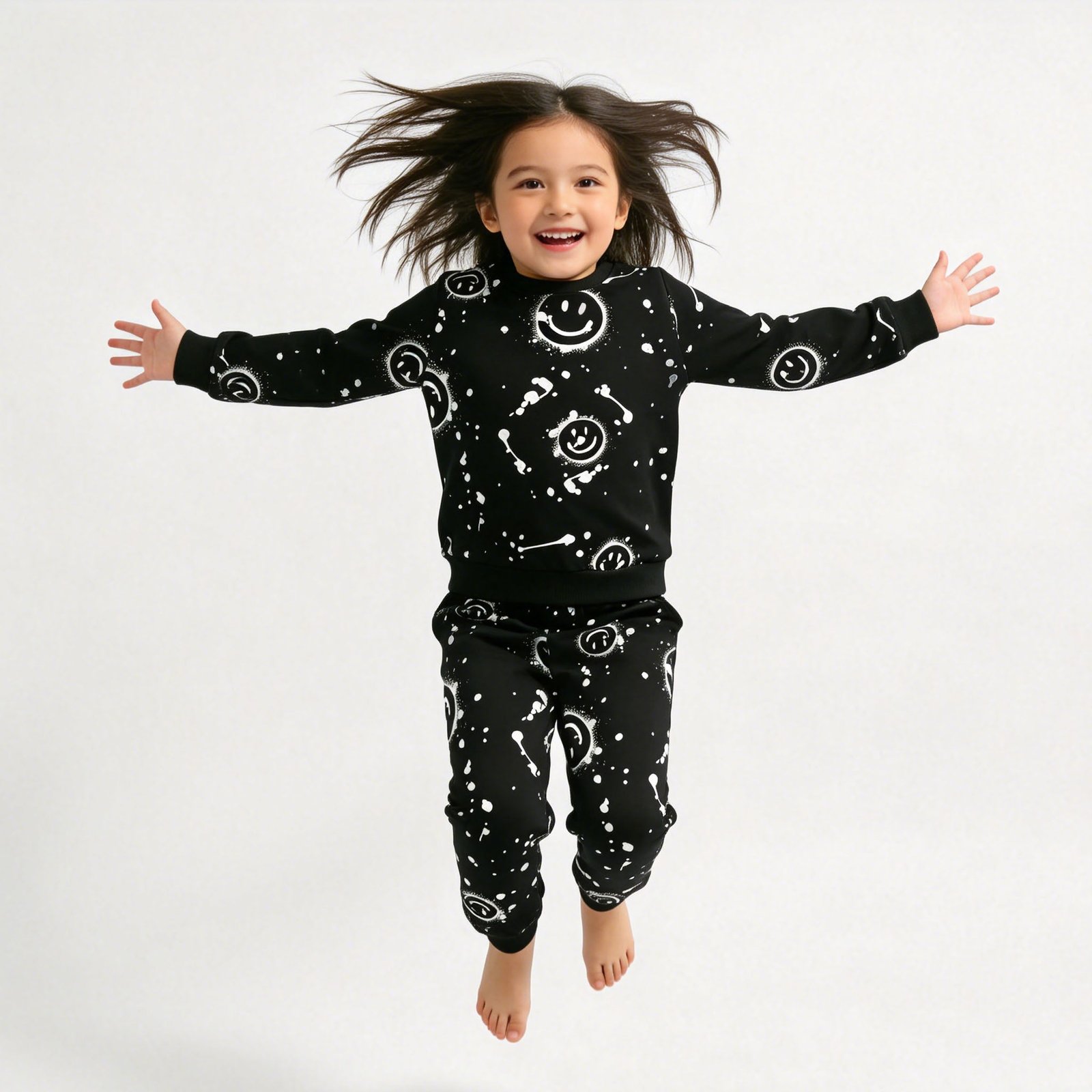 SENMAN REALM KIDS Girls Black All-Over Smiley Sweatshirt & Jogger Set (2T–6X) view 2