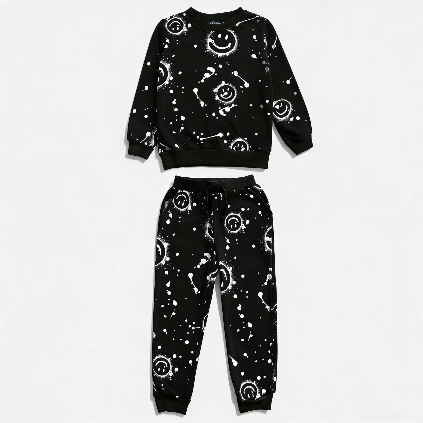 SENMAN REALM KIDS Girls Black All-Over Smiley Sweatshirt & Jogger Set (2T–6X) view 3
