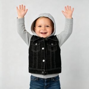 SENMAN REALM KIDS Girls Black Denim Knit Sleeve Hooded Jacket (3/6M–4T) view 1