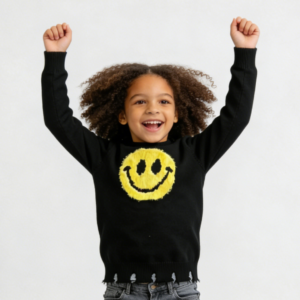SENMAN REALM KIDS Girls Black Fuzzy Smiley Face Knit Sweater (2T–6X) view 1