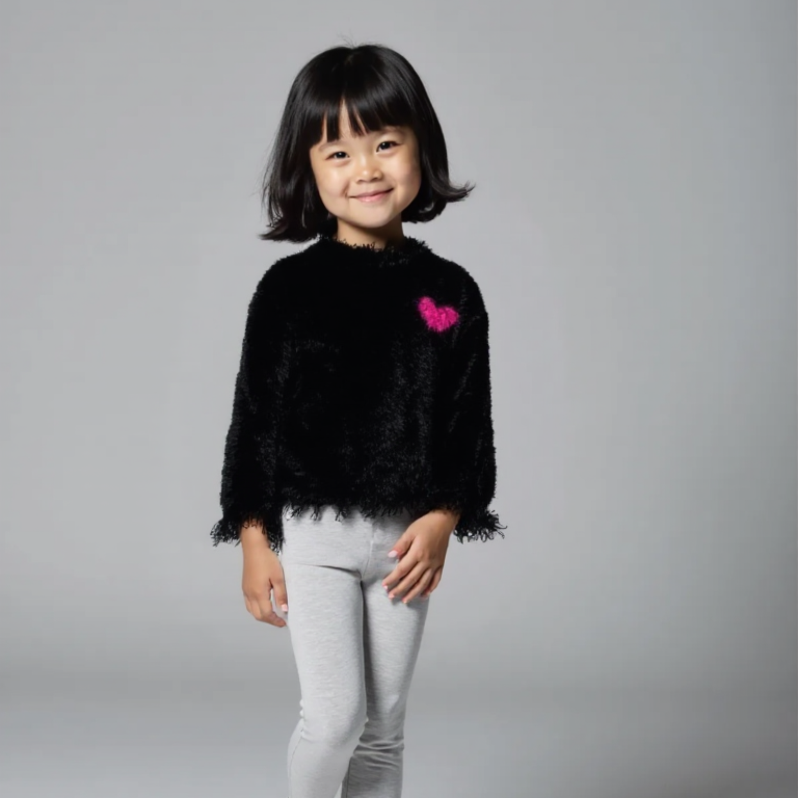 SENMAN REALM KIDS Girls Black Pink Heart Fuzzy Knit Sweater (12M–14/16) view 1