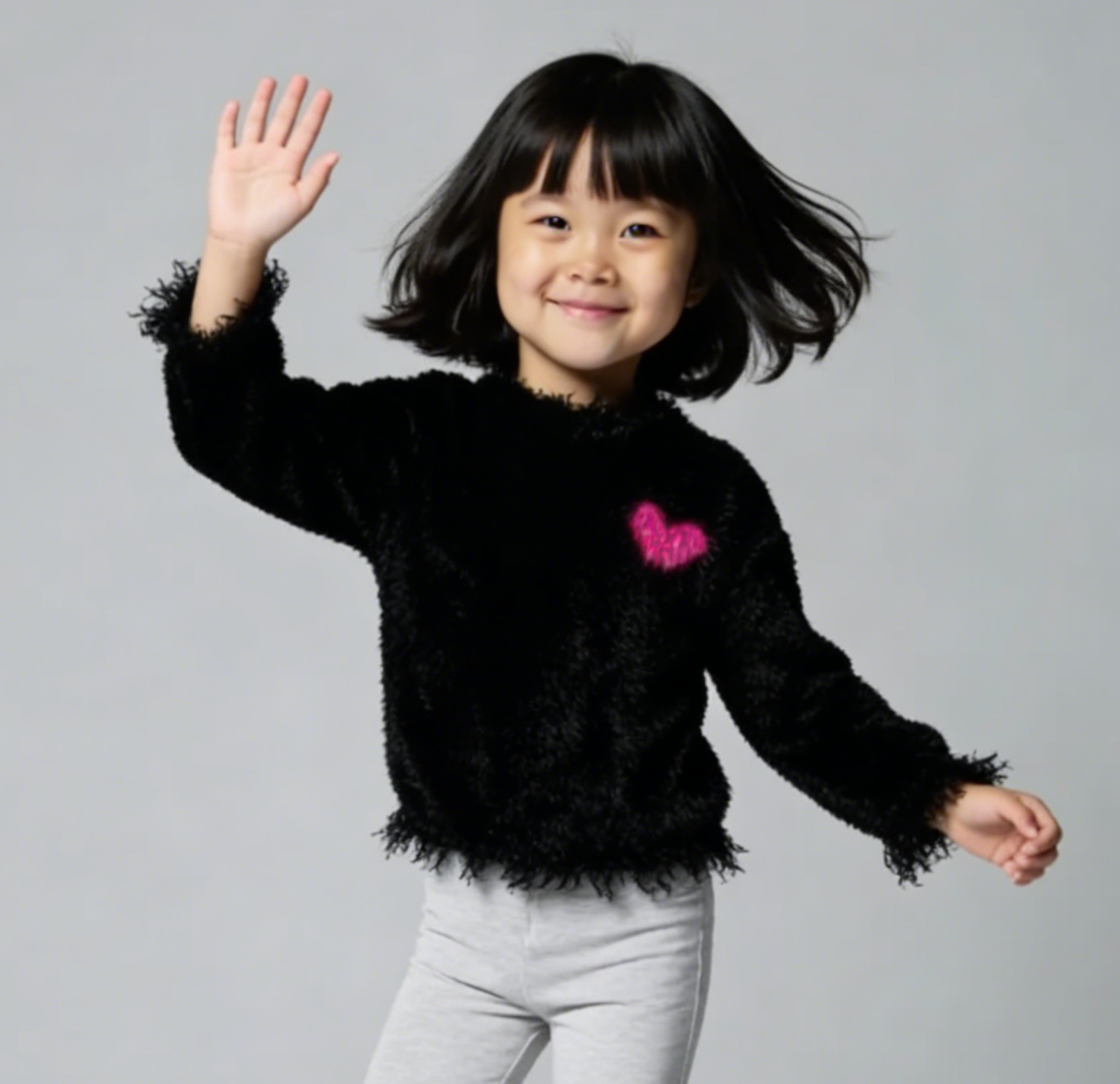 SENMAN REALM KIDS Girls Black Pink Heart Fuzzy Knit Sweater (12M–14/16) view 2