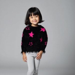 SENMAN REALM KIDS Girls Black Pink Star Fuzzy Knit Sweater (4–14/16) view 1