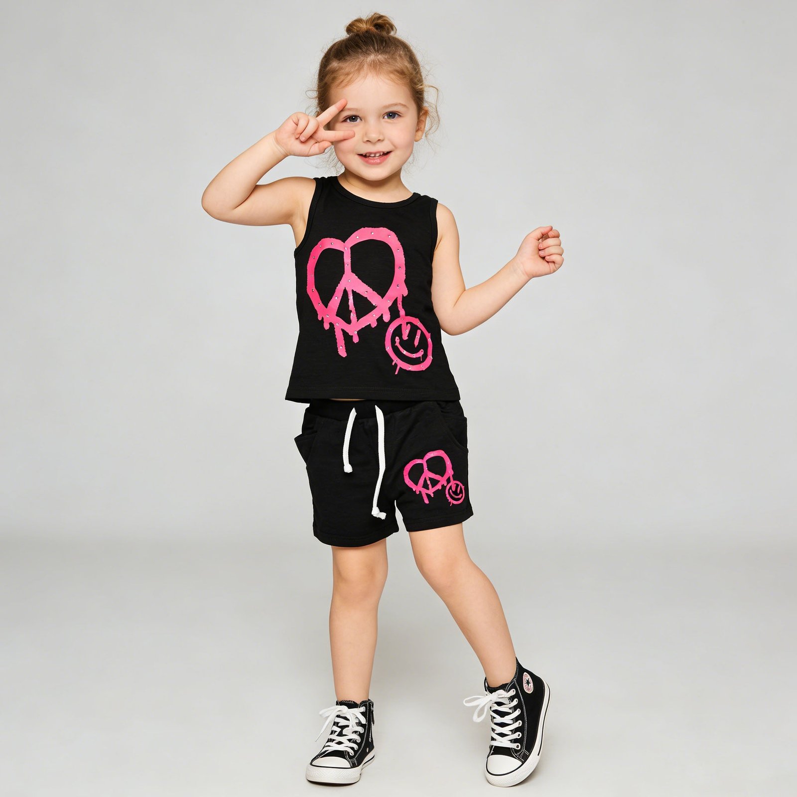 SENMAN REALM KIDS Girls Black Rhinestone Heart & Peace French Terry Shorts (12M–6X) view 1