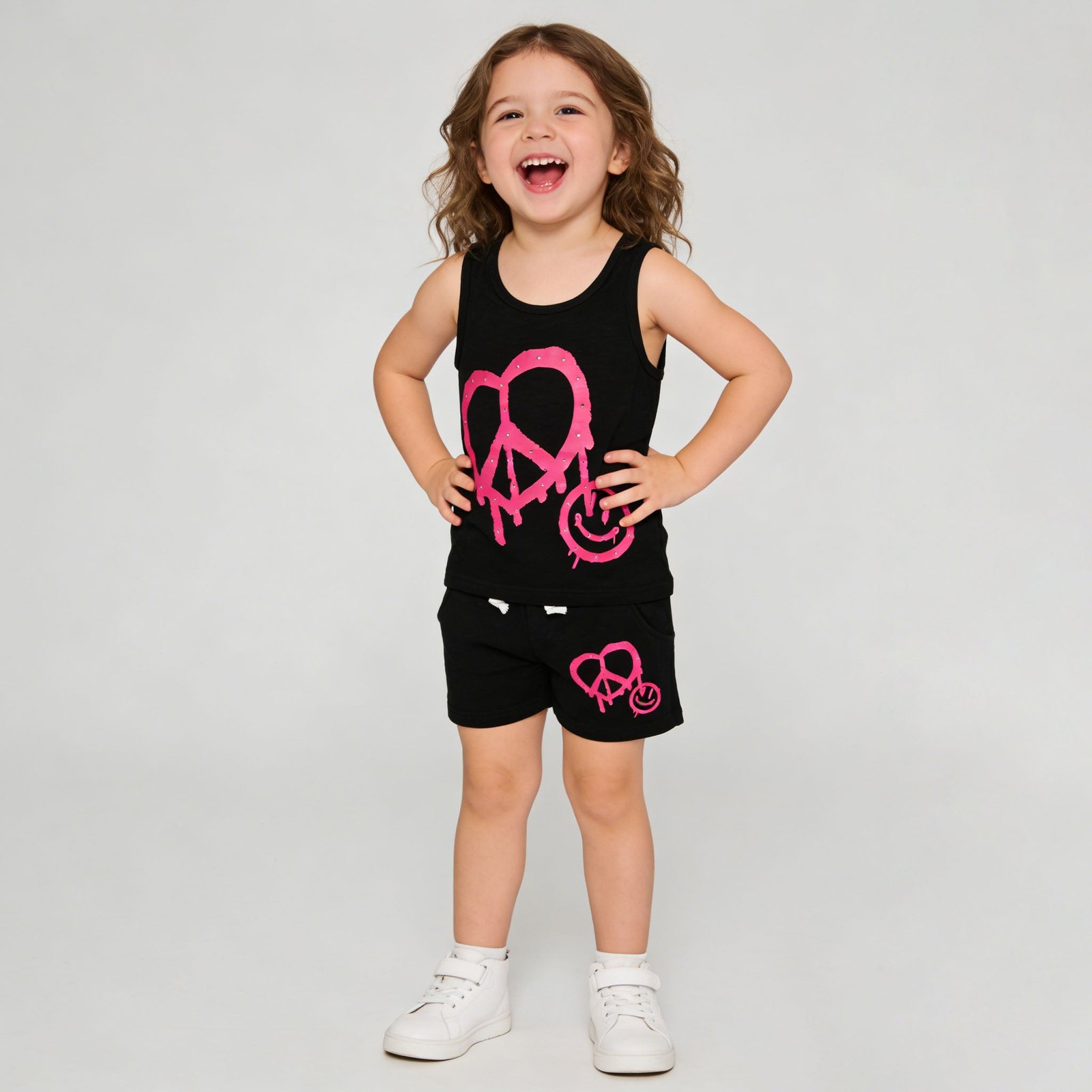 SENMAN REALM KIDS Girls Black Rhinestone Heart & Peace French Terry Shorts (12M–6X) view 2