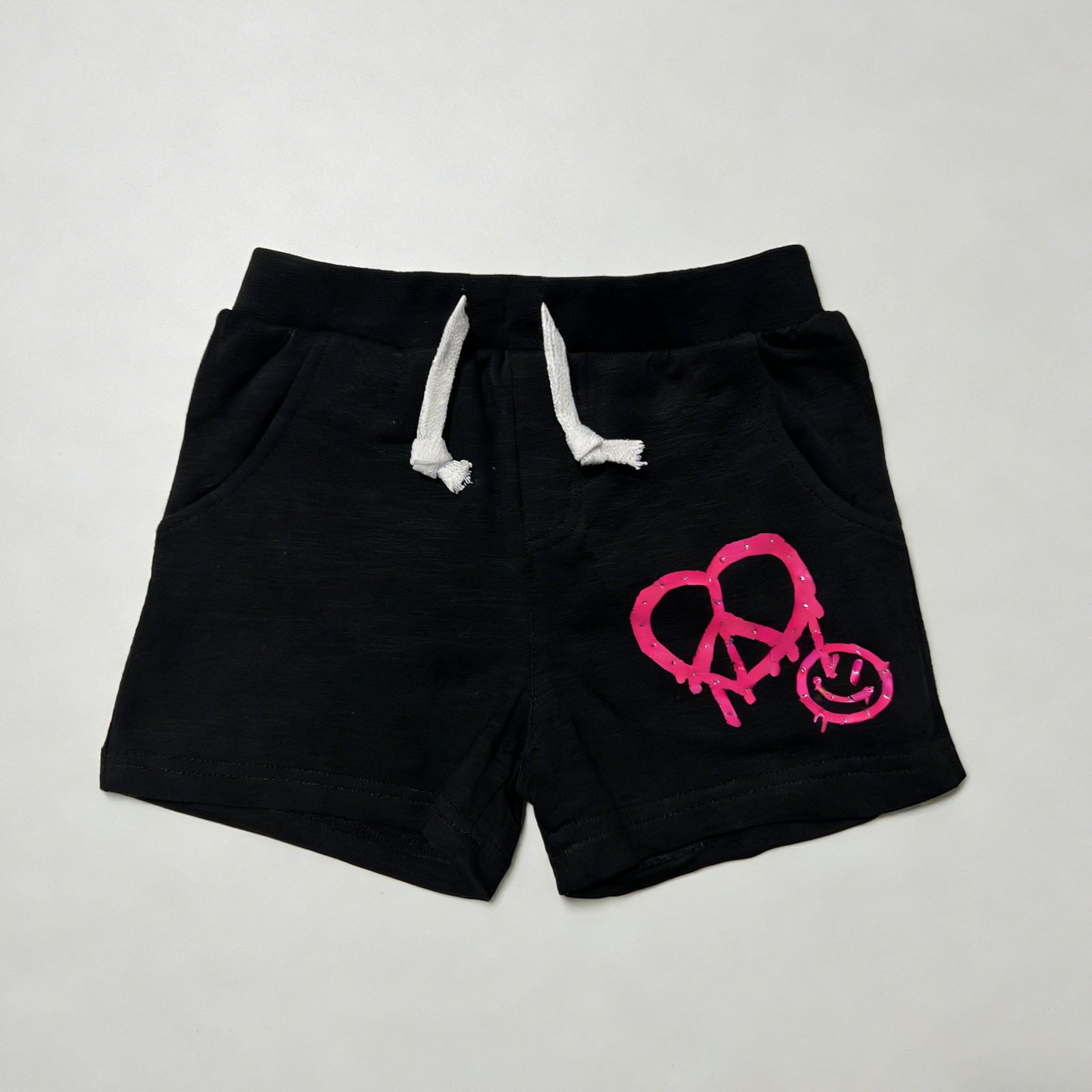 SENMAN REALM KIDS Girls Black Rhinestone Heart & Peace French Terry Shorts (12M–6X) view 3