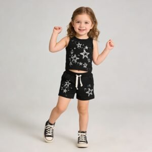 SENMAN REALM KIDS Girls Black Silver Star Glitter French Terry Shorts (12M–6X) view 1