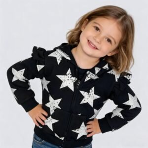 SENMAN REALM KIDS Girls Black Star Ruffle Fleece Zip Hoodie – Sibling Matching (3/6M–24M) view 1