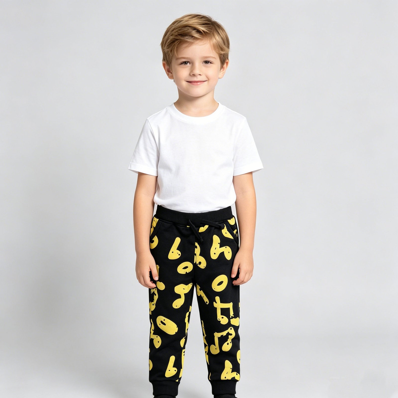 SENMAN REALM KIDS Girls Black & Yellow Music Note French Terry Joggers (2T–7) view 1