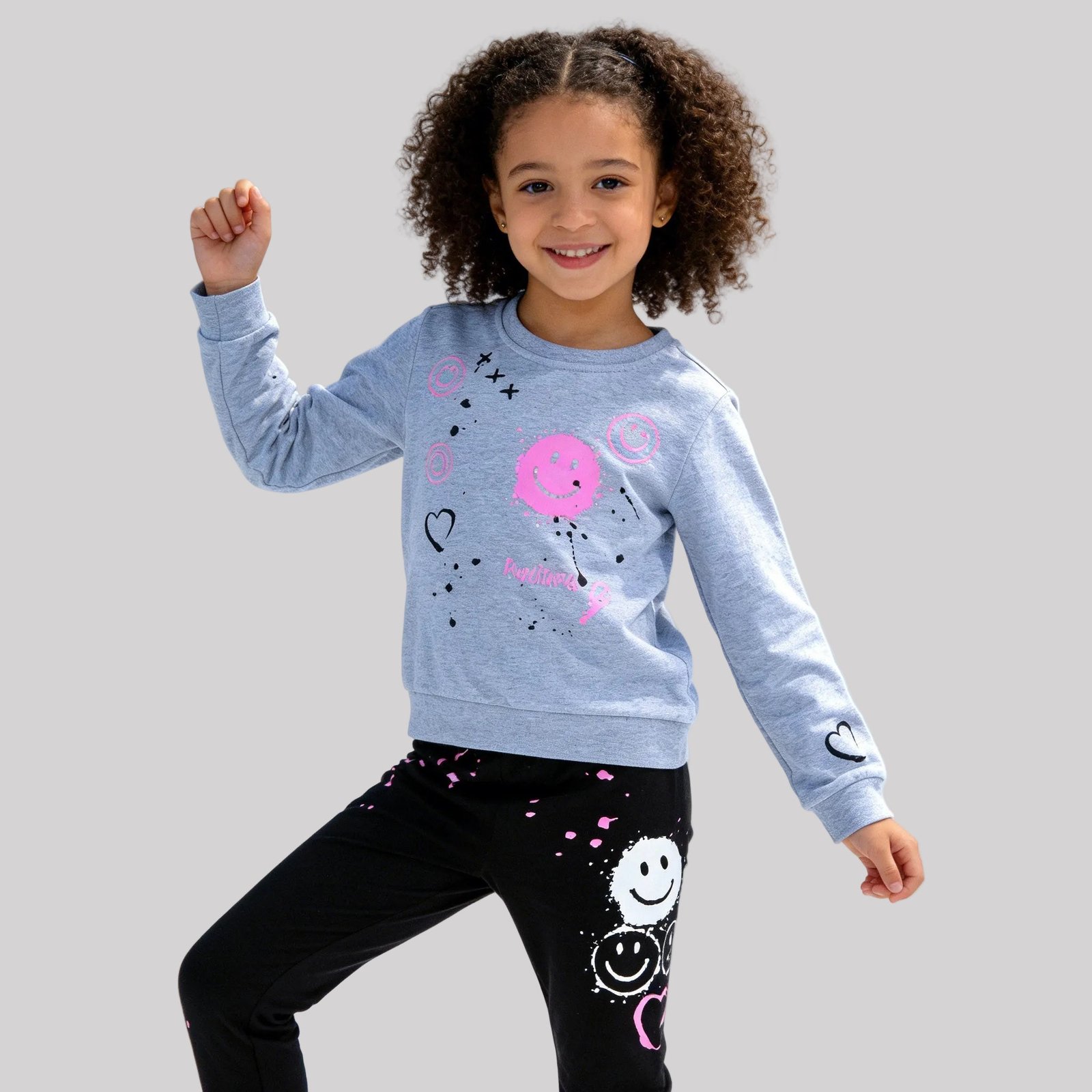 SENMAN REALM KIDS Girls Gray Smiley Sweatshirt & Black Leggings Set (12M–6X) view 1