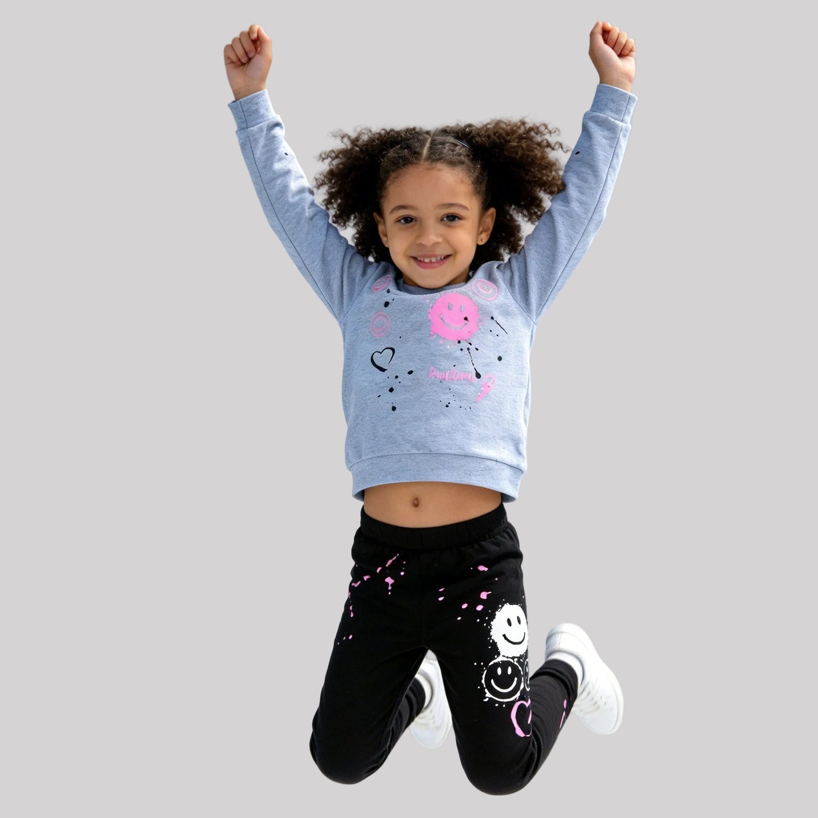 SENMAN REALM KIDS Girls Gray Smiley Sweatshirt & Black Leggings Set (12M–6X) view 2