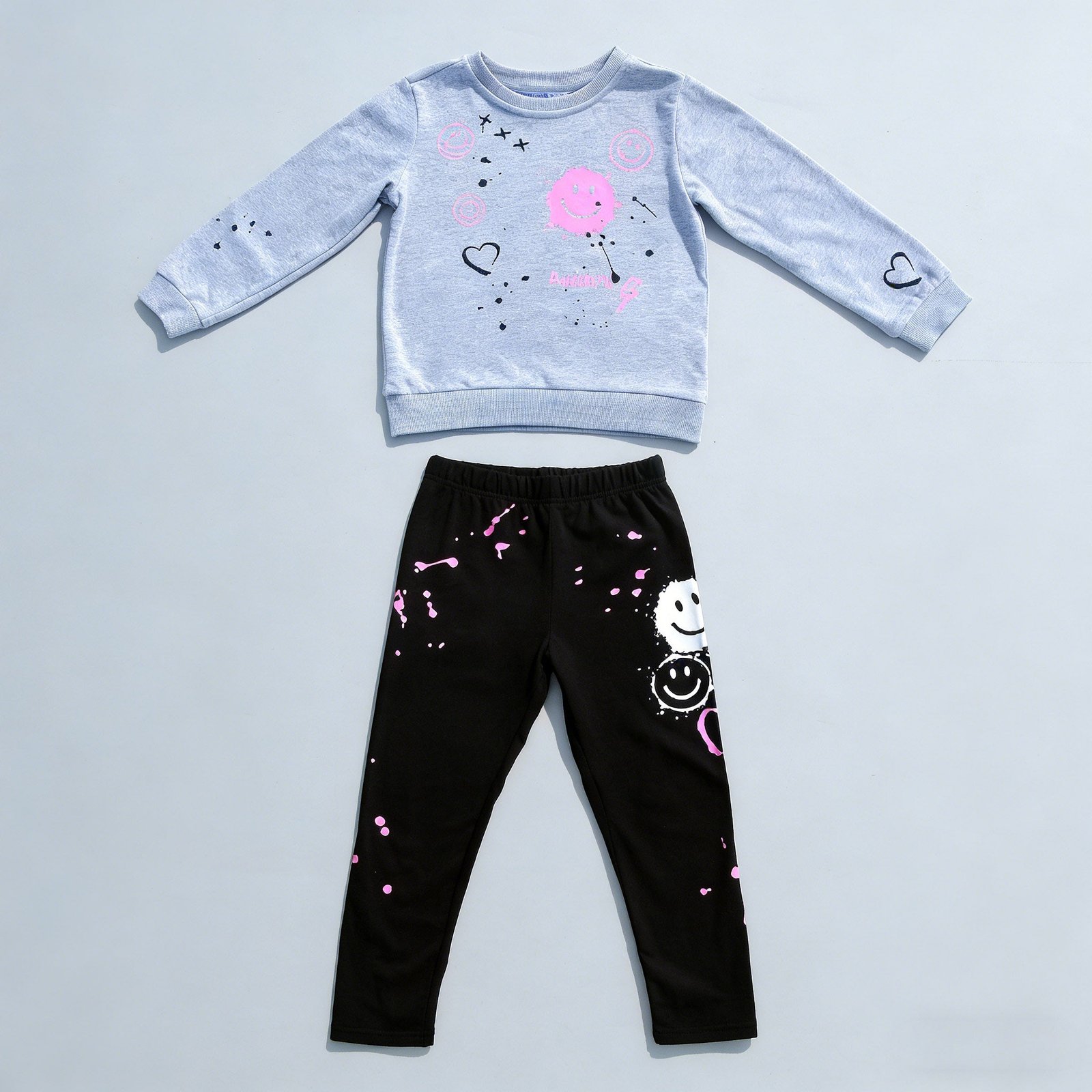 SENMAN REALM KIDS Girls Gray Smiley Sweatshirt & Black Leggings Set (12M–6X) view 3