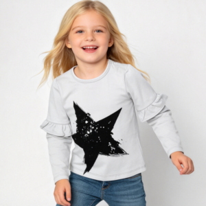 SENMAN REALM KIDS Girls Gray Star Splatter Ruffle Sleeve Long Sleeve Shirt (2T–6X) view 1