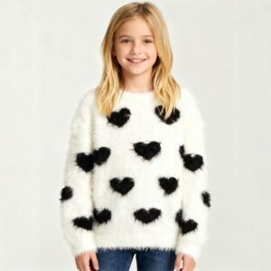 SENMAN REALM KIDS Girls Ivory & Black Heart Fuzzy Knit Sweater – Sibling Matching (12M–6X) view 1