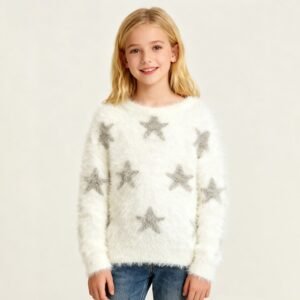 SENMAN REALM KIDS Girls Ivory & Gray Star Plush Fuzzy Knit Sweater (2T–7) view 1