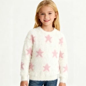 SENMAN REALM KIDS Girls Ivory & Pink Star Plush Fuzzy Knit Sweater – Sibling Matching (12M–6X) view 1