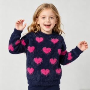 SENMAN REALM KIDS Girls Navy & Pink Heart Eyelash Knit Sweater (2T–6X) view 1