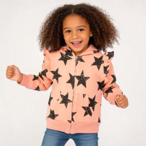 SENMAN REALM KIDS Girls Peach Star Ruffle Fleece Zip Hoodie – Sibling Matching (3/6M–7) view 1