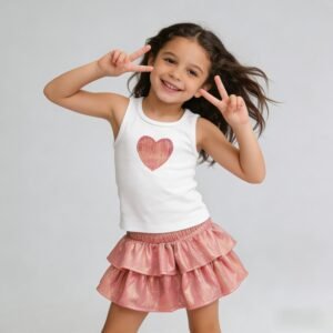 SENMAN REALM KIDS Girls Pink Glitter Heart Tank & Ruffle Skirt Set (3/6M–6X) view 1