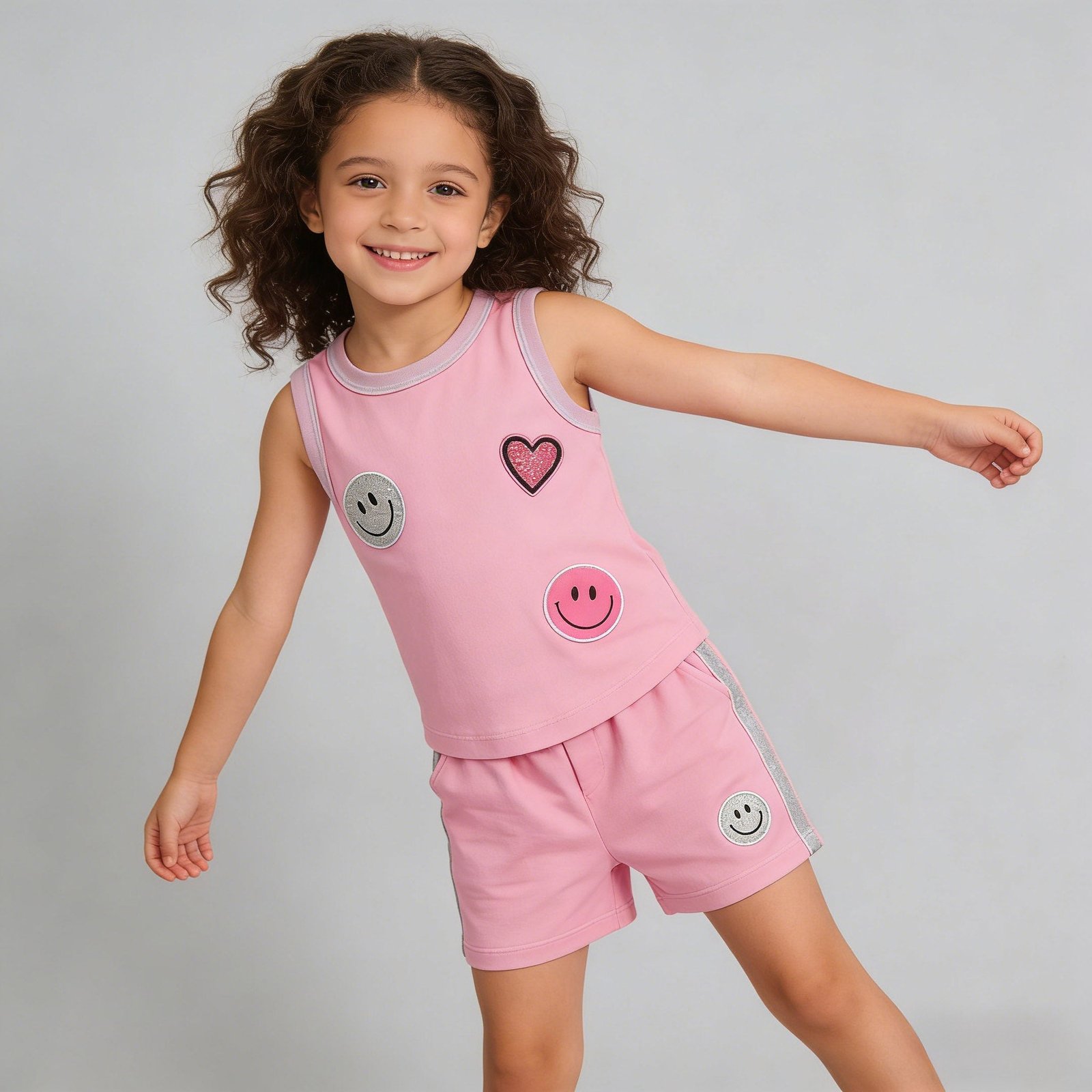 SENMAN REALM KIDS Girls Pink Smiley & Heart Patch Tank & Shorts Set (3/6M–6X) view 1