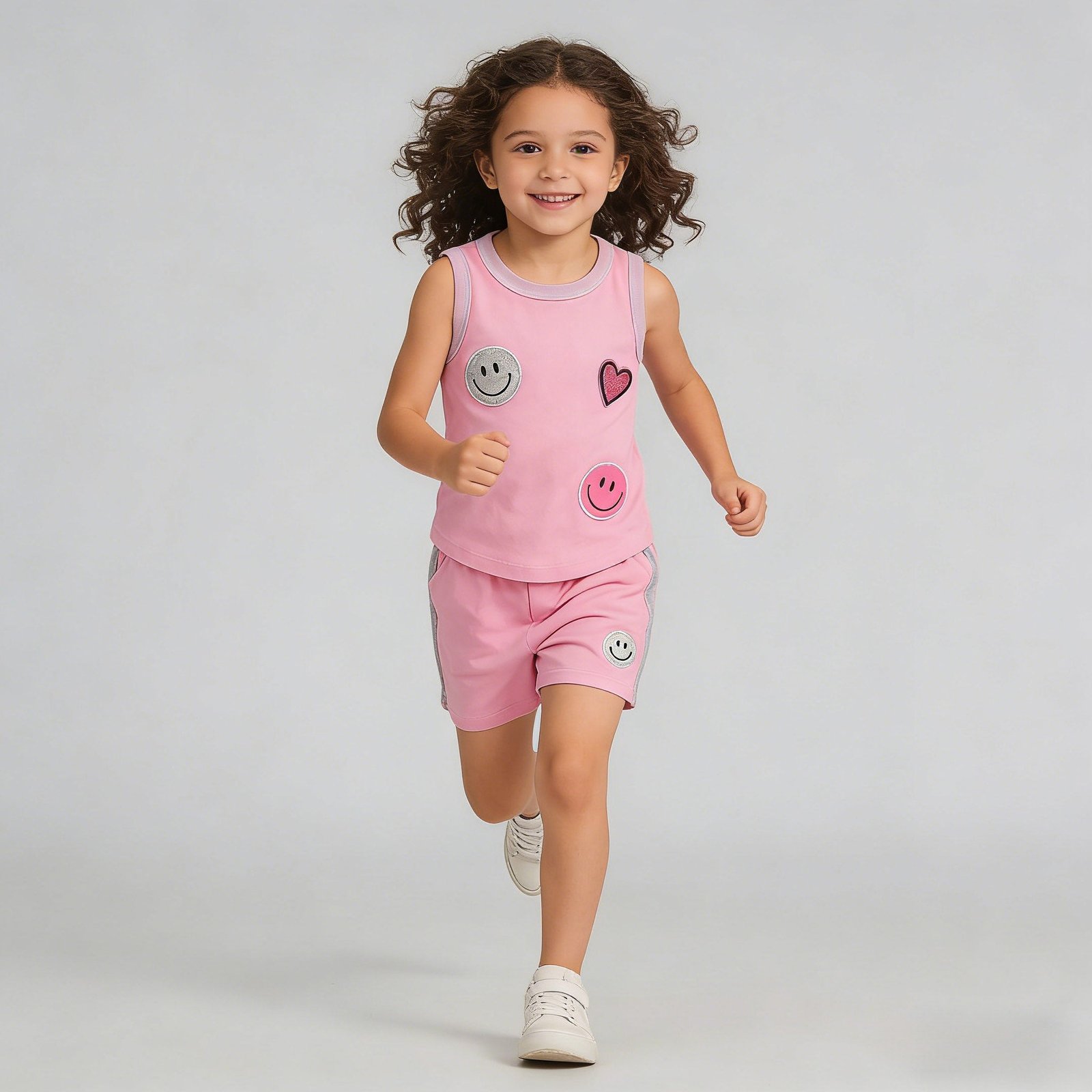 SENMAN REALM KIDS Girls Pink Smiley & Heart Patch Tank & Shorts Set (3/6M–6X) view 2