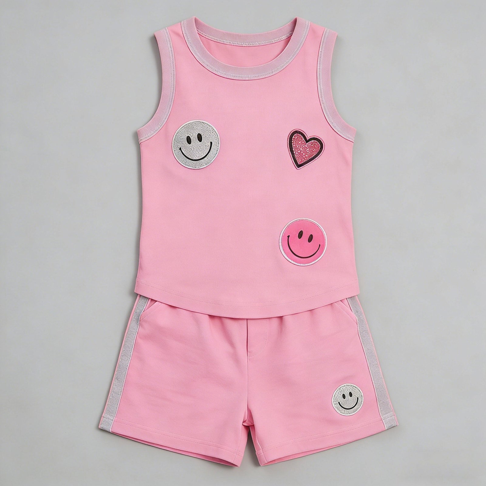 SENMAN REALM KIDS Girls Pink Smiley & Heart Patch Tank & Shorts Set (3/6M–6X) view 3