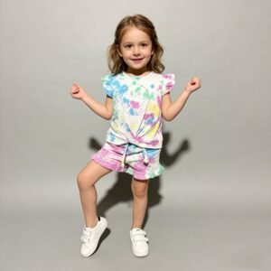 SENMAN REALM KIDS Girls Rainbow Tie-Dye Ruffle Hem French Terry Shorts (3/6M–4T) view 1