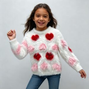 SENMAN REALM KIDS Girls White Heart Fuzzy Knit Sweater (2T–6X) view 1