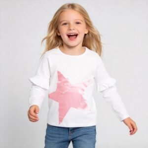 SENMAN REALM KIDS Girls White Metallic Star Ruffle Sleeve Long Sleeve Shirt (2T–6X) view 1